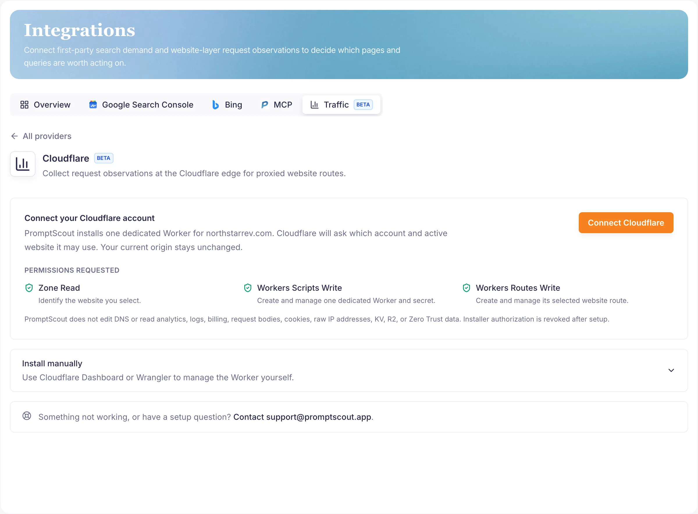 PromptScout Integrations page showing the Connect Cloudflare card with the three requested permissions and the dedicated Worker PromptScout installs